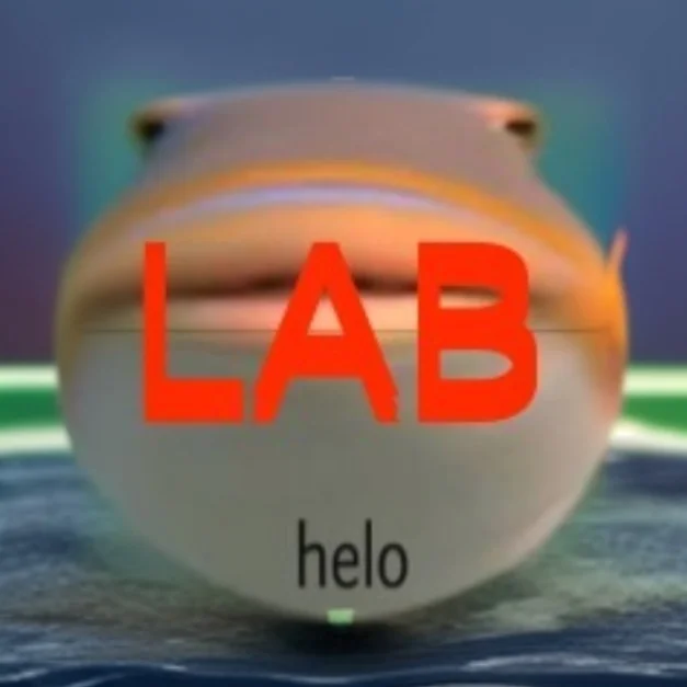 A round fish labelled LAB, saying helo