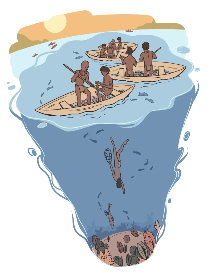 Illustration of fishers in canoes above a reef
