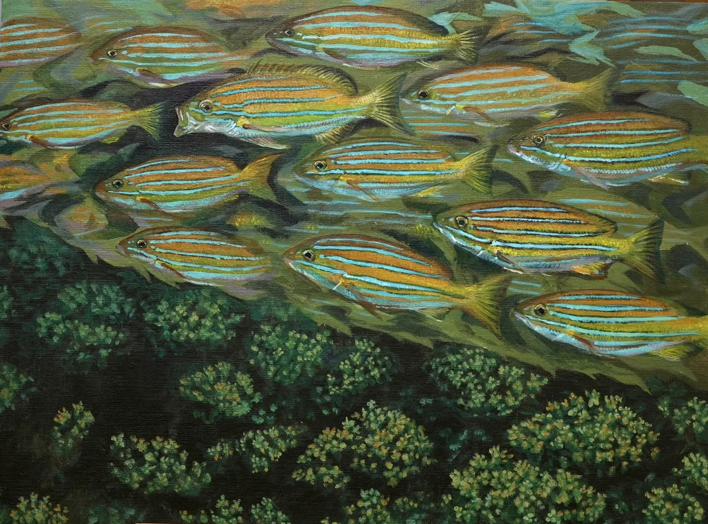 Painting of striped grunts shoaling above a seagrass bed