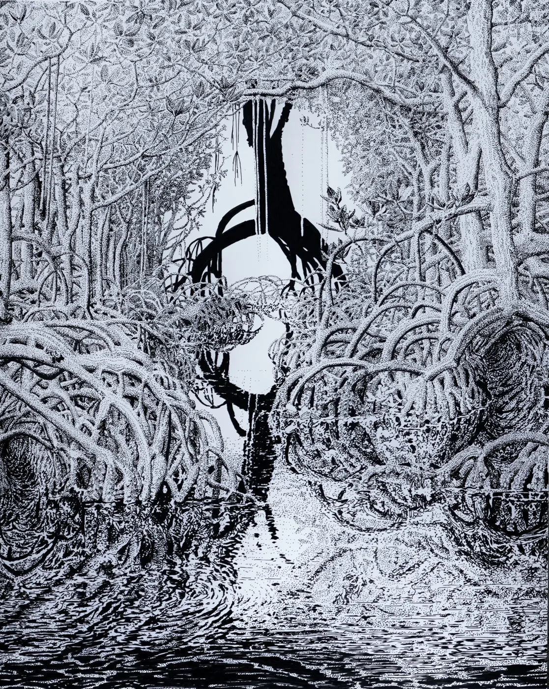 Ink drawing of a mangrove channel, roots arching over dark water