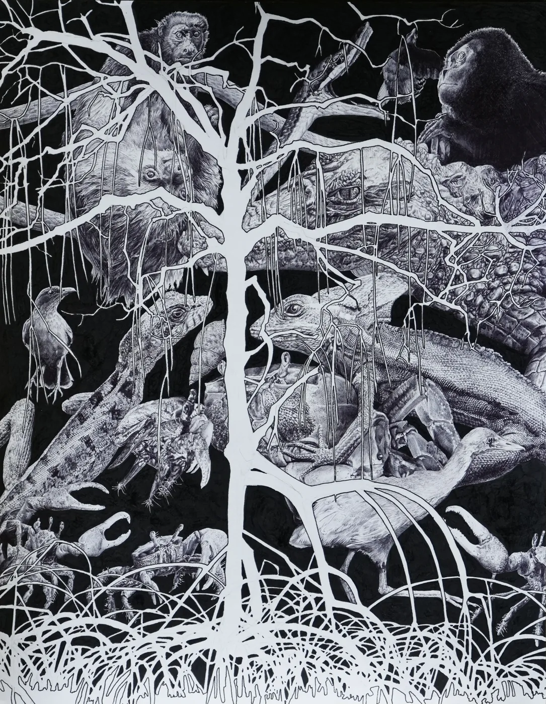 White-line drawing on black of a tree filled with iguanas, birds and crabs