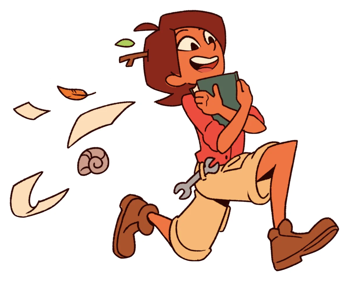 Martina running with a book